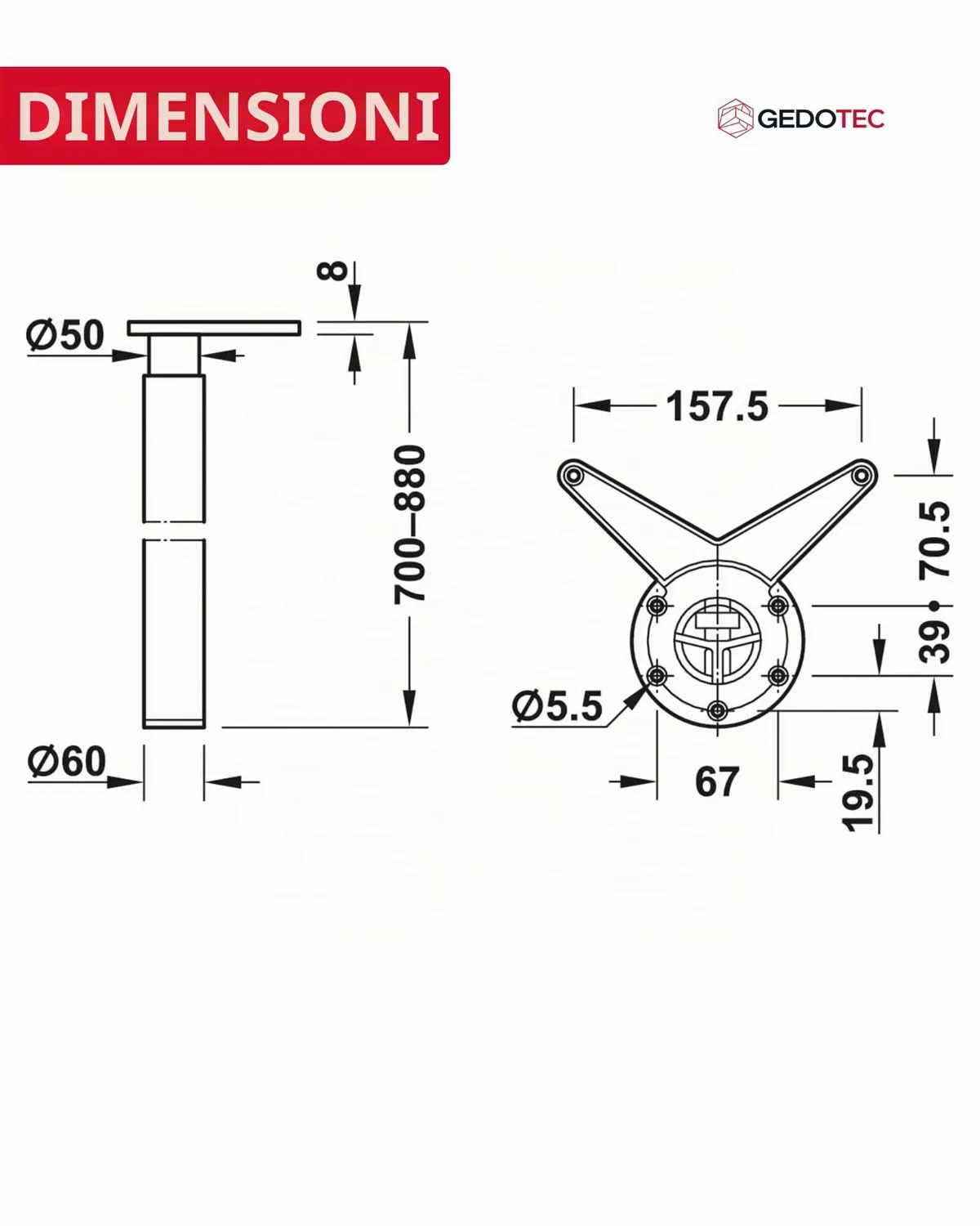 Gedotec H1730 piede mobile cromo 1 pz 700-880 mm
