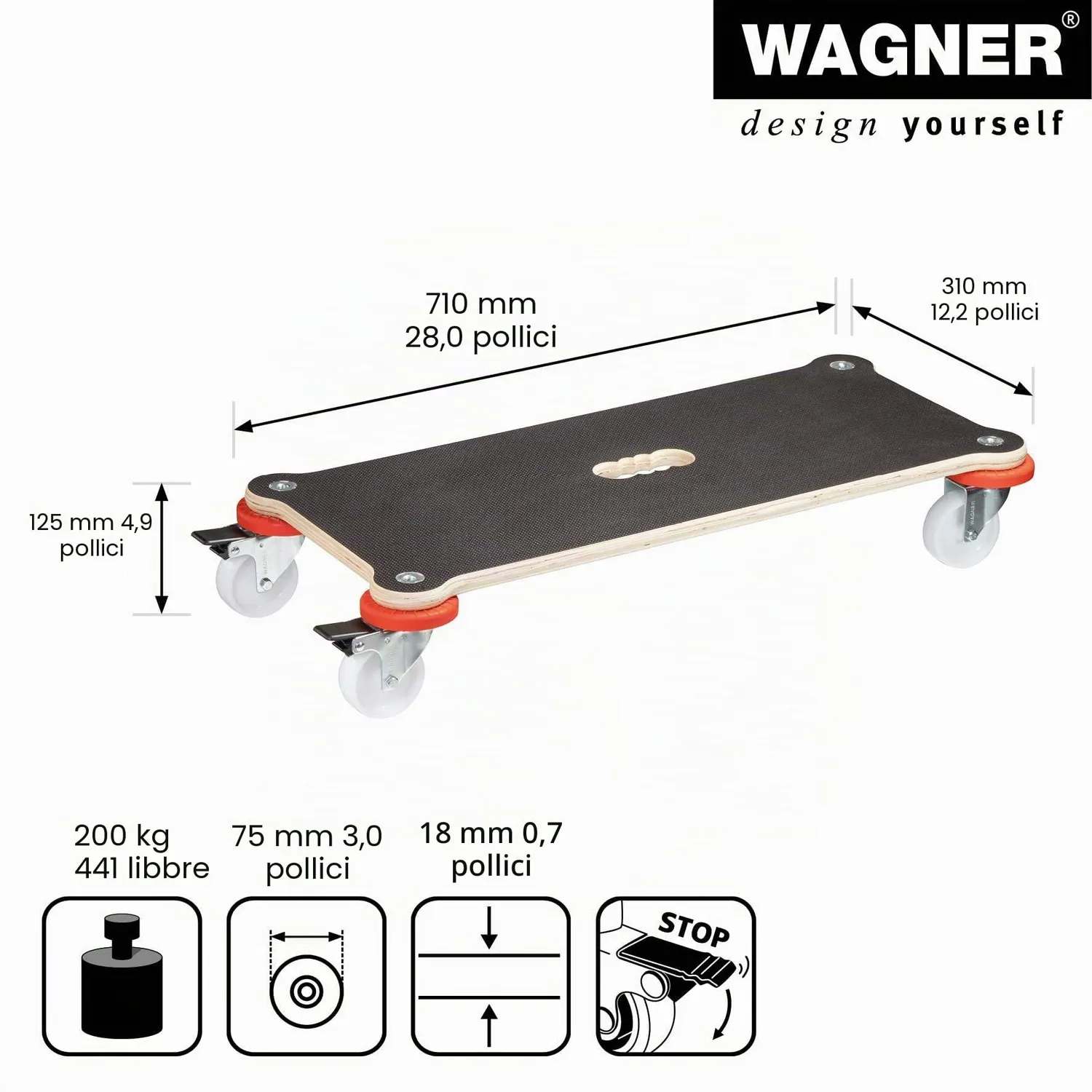 Wagner MM 1365 Carrello Trasporto 71x31 cm 200 kg Antiscivolo