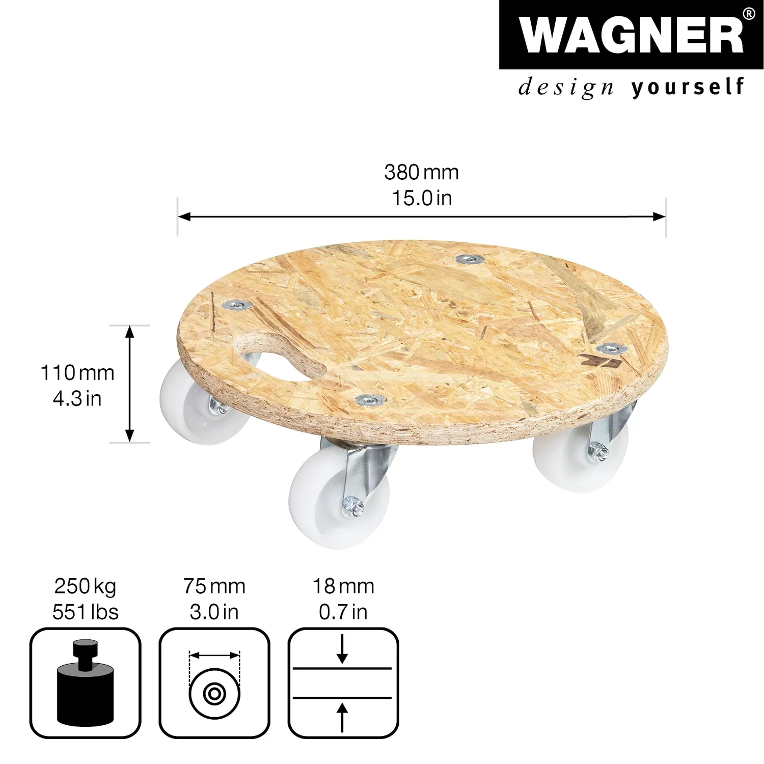 WAGNER MM 1171 carrello tondo D38 cm 250 kg riciclato