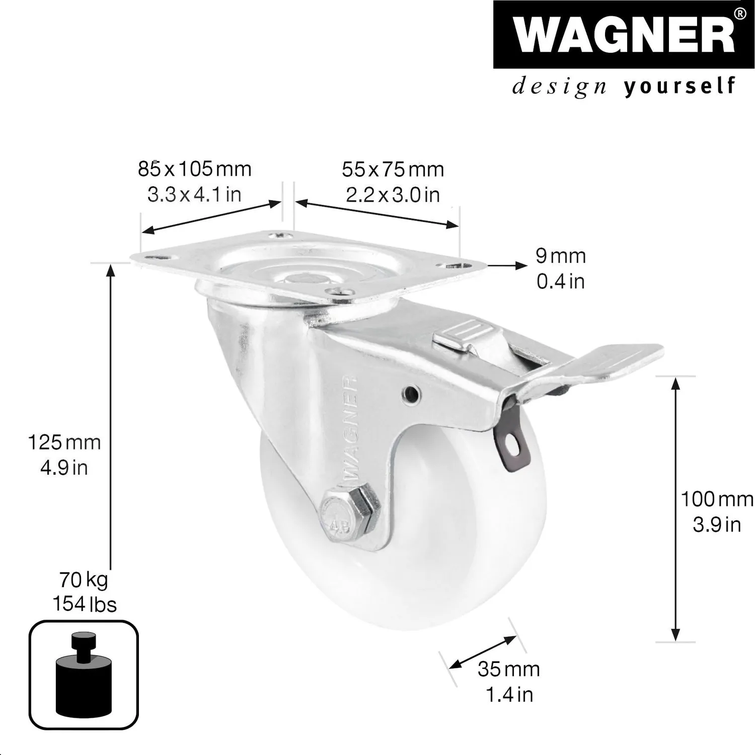 Wagner 04750001 rotella girevole con freno dura 100 mm