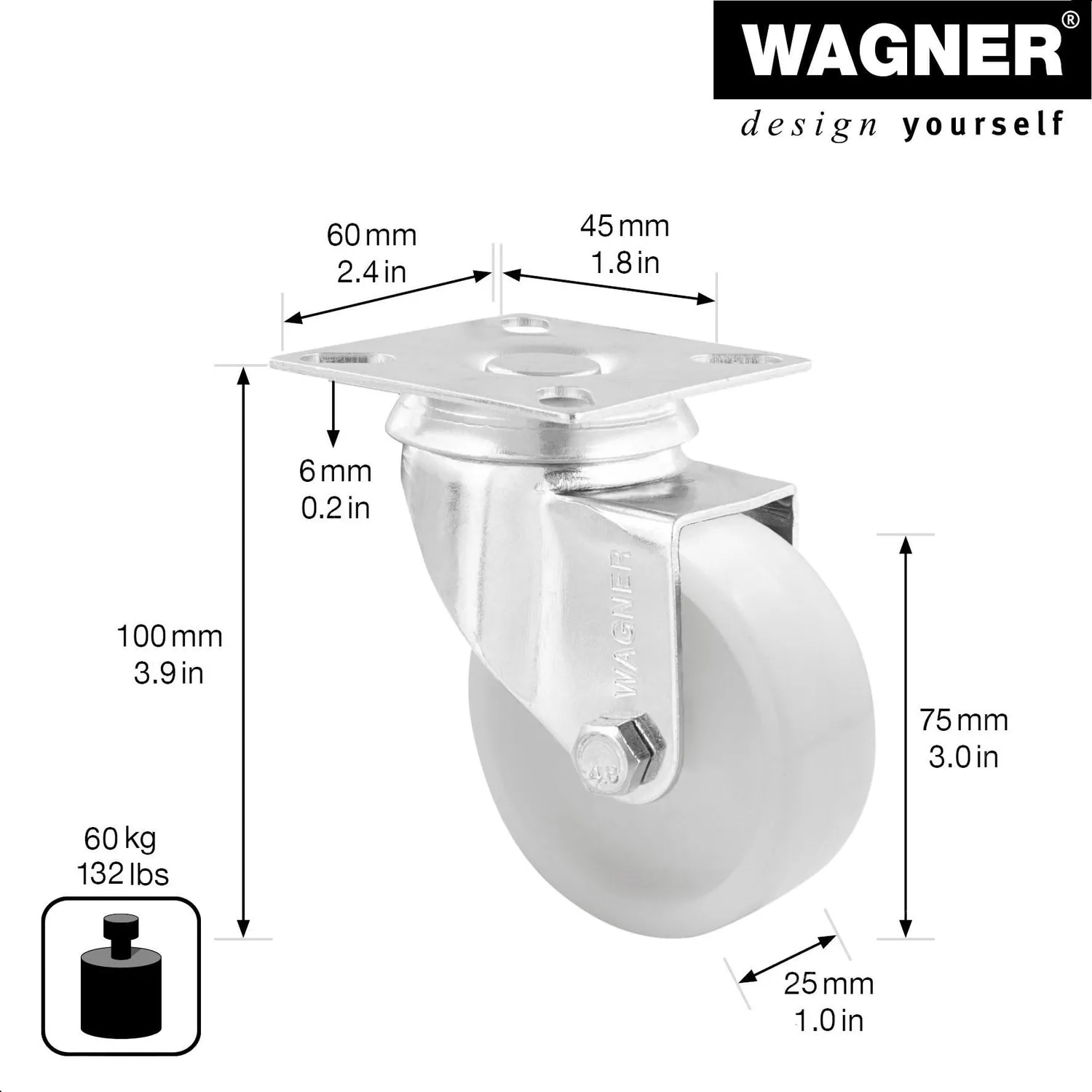 Wagner RO 1675 rotella girevole bianca Ø75 mm portata 60 kg