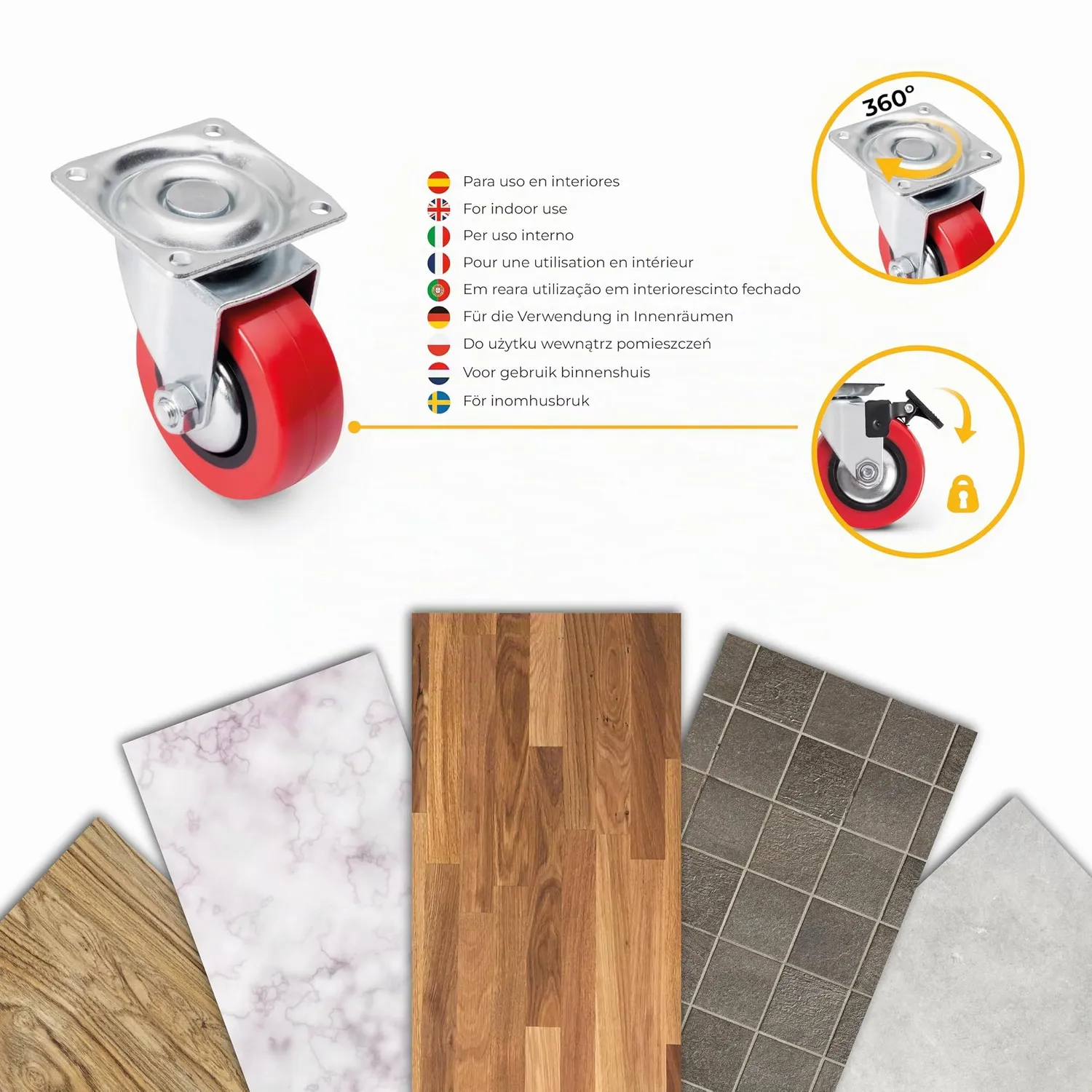 Emuca Kit Ruote Piastra Ø50 con Freno Set 4 Rosse Portata 50kg