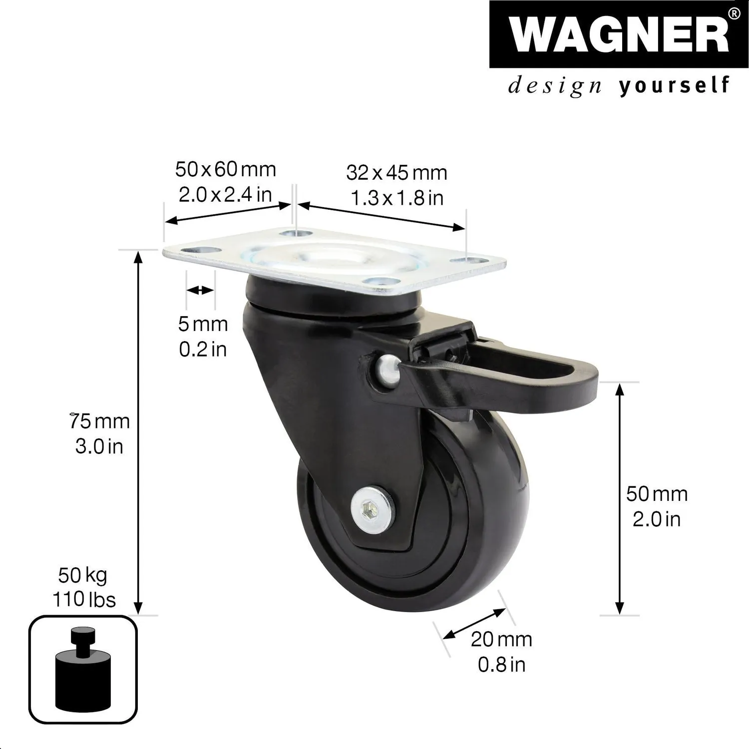 Wagner Design 3C 01235201 ruota girevole Ø50 nera con freno