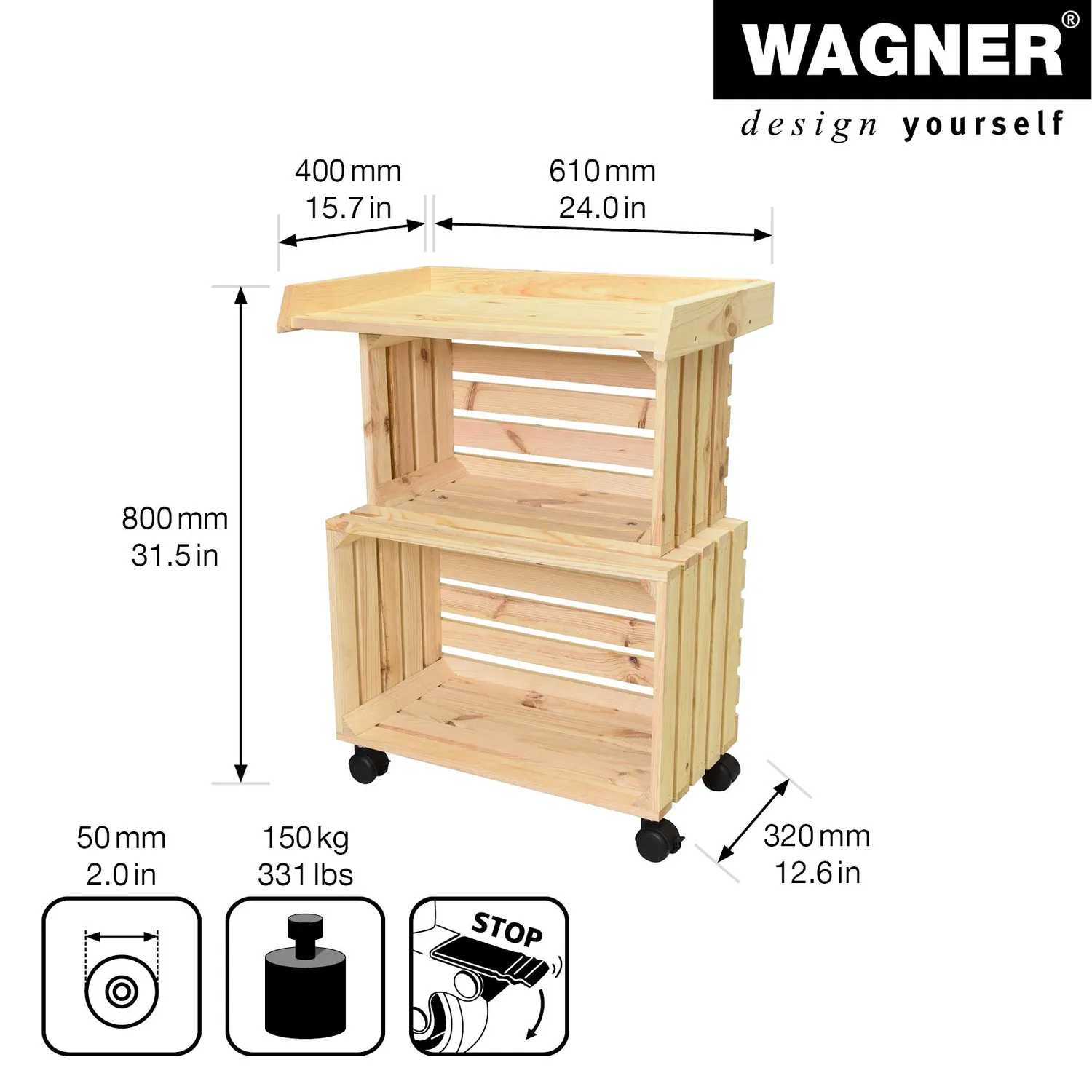 WAGNER GreenTABLE tavolo fiori legno 80x60x40cm con ruote