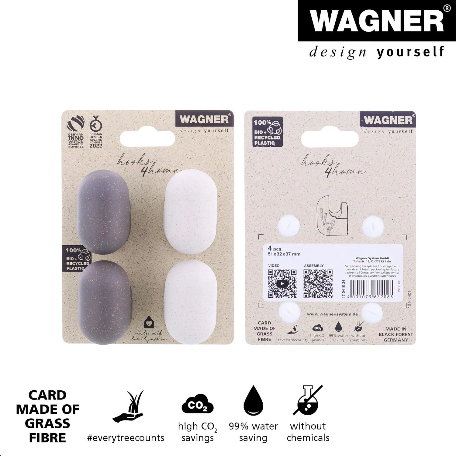 WAGNER hooks4home PILL ganci parete set 4 pezzi grigio