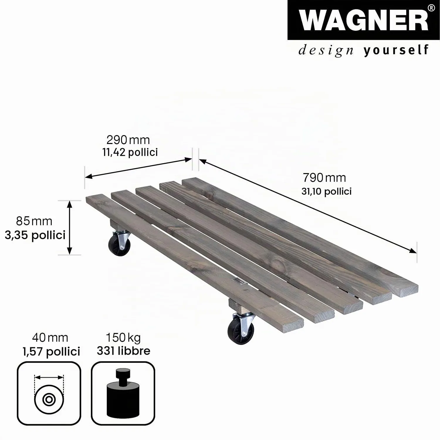 Wagner Double carrello piante legno 79x29 cm grigio portata 150 kg