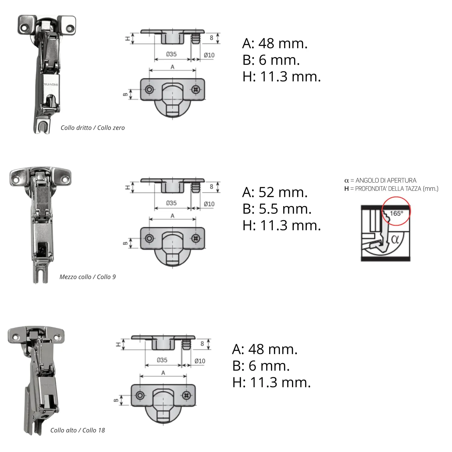 Indaux cerniere 165° collo dritto H0 4 pezzi acciaio