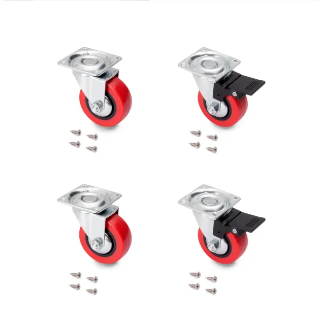 Emuca Kit Ruote Piastra Ø50 con Freno Set 4 Rosse Portata 50kg