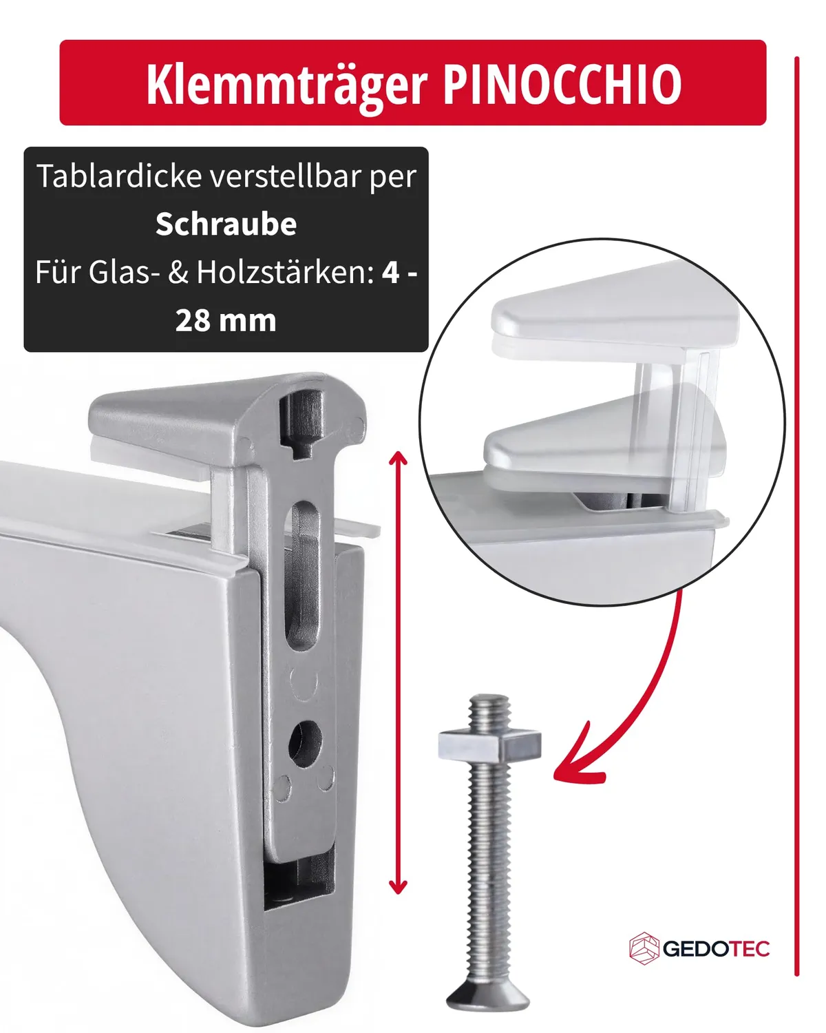 Gedotec Pinocchio reggimensola vetro argento 2 pezzi 50 kg