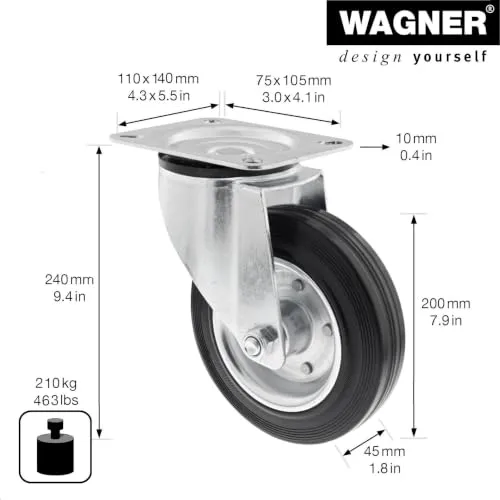 Wagner 04620001 rotella girevole gomma piena 200 mm 210 kg