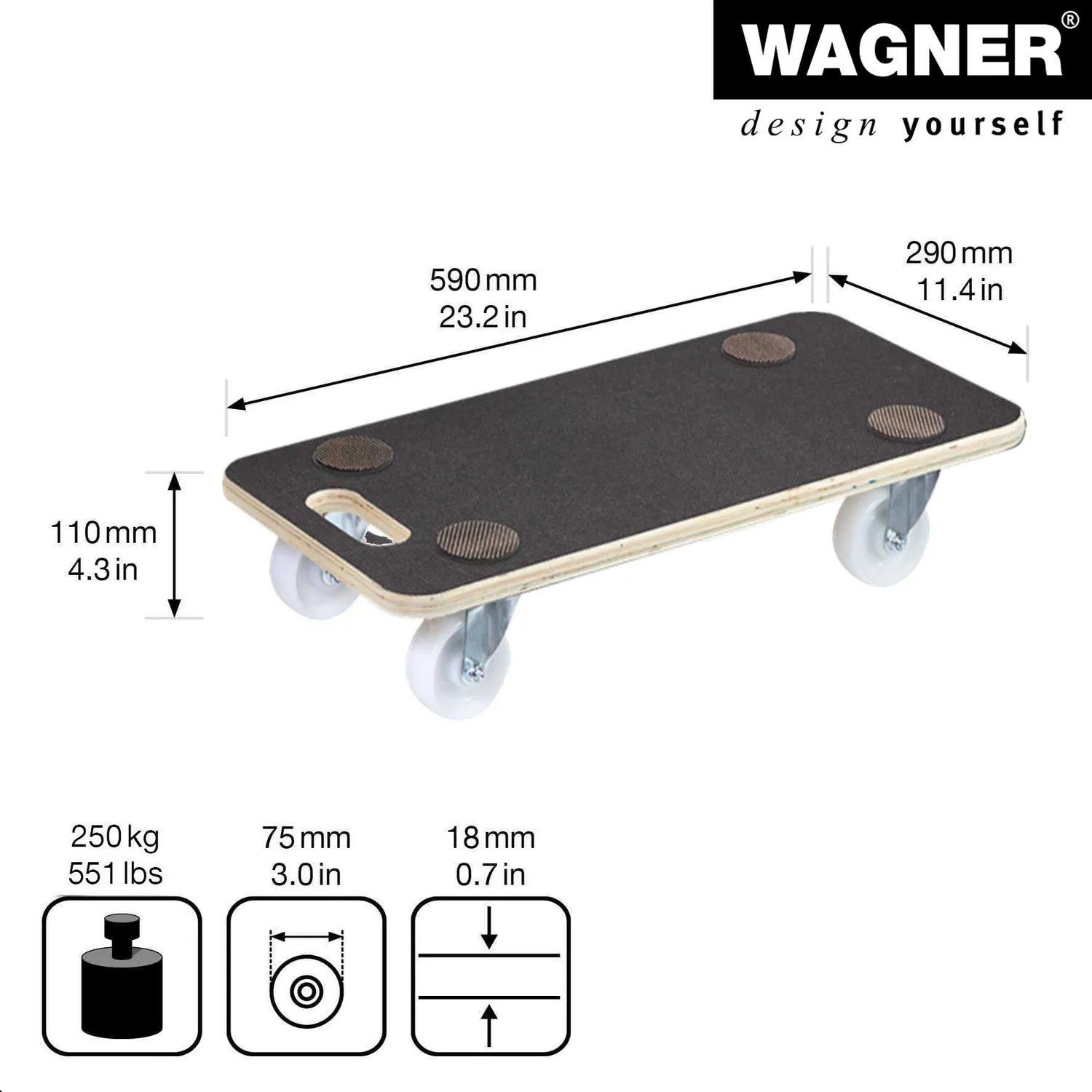 WAGNER carrello trasporto 57,5x29 cm 250 kg antiscivolo
