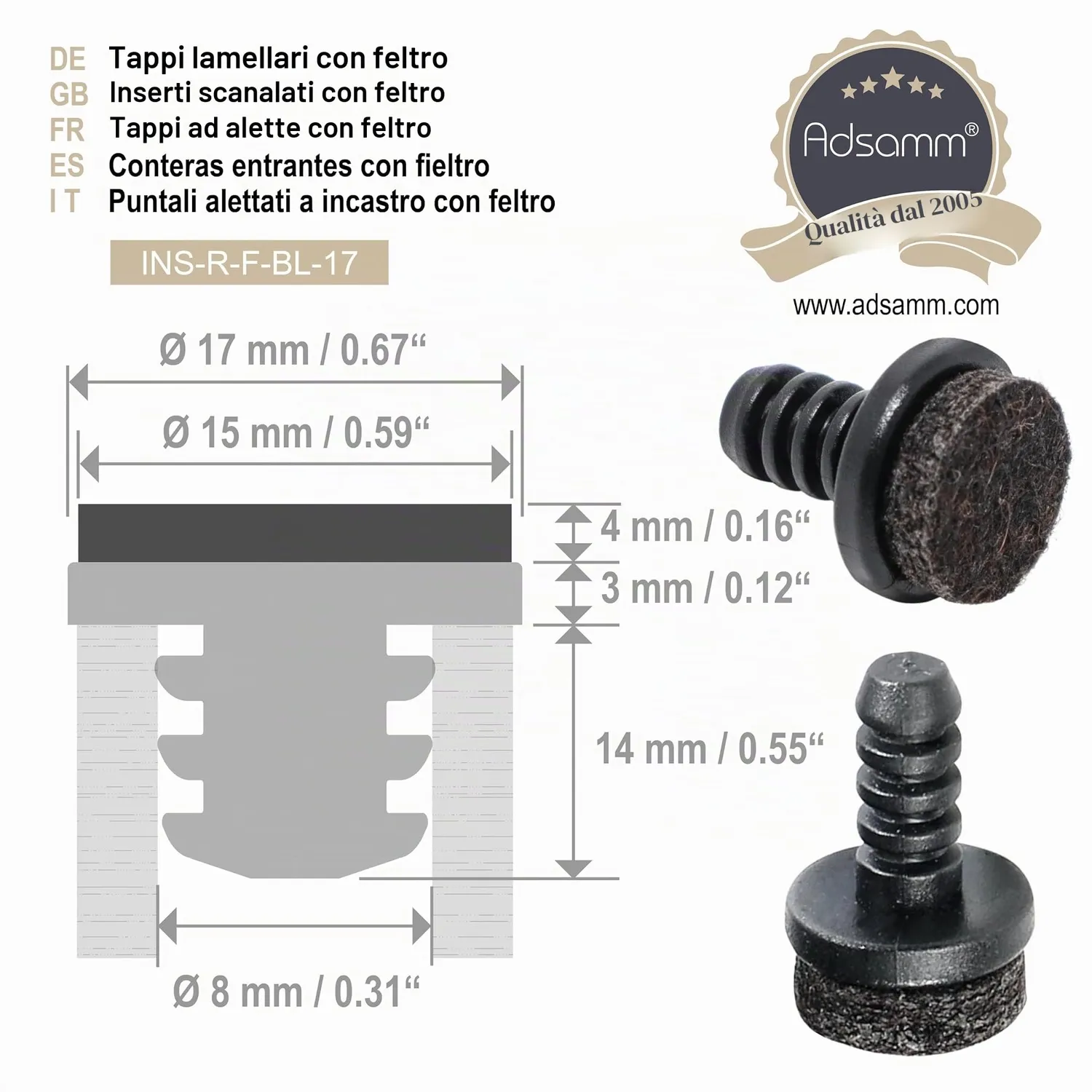 Adsamm Ø 8-9 mm puntali alettati con feltro 4 pezzi neri 5 mm